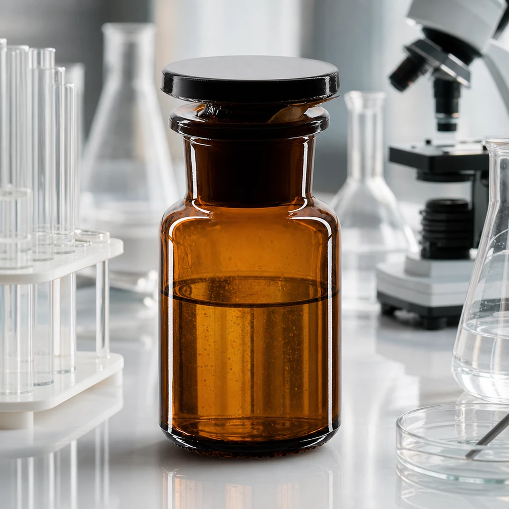 Apothekersfles 50 ml wijde hals bruin glas incl. glazen stop Compacte bruine glazen fles van 50 ml met brede hals voor reagentia, voorzien van een dichte glazen stop, voor gebruik in het laboratorium