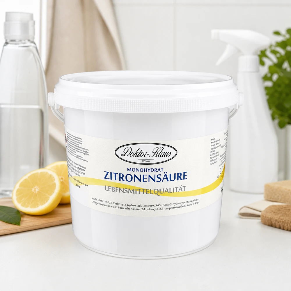 Doktor-Klaus citroenzuur 5kg in een stapelbare witte plastic emmer met veilig deksel