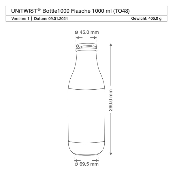 Technische tekening 1000ml UNiTWIST glazen fles met afmetingen 260mm hoogte 45mm halsopening TO48 schroefdraad