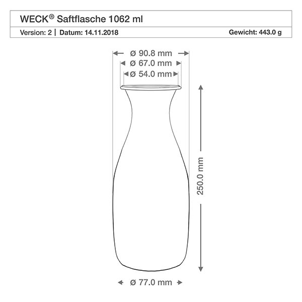WECK RR60 sapfles van 1062 ml Technische tekening van de WECK sapfles 1062ml met afmetingen en gewicht voor RR60 vershouddeksel