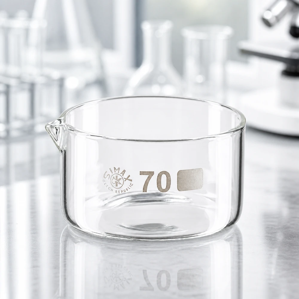 Laboratoriumkom van helder glas, 100 ml, hittebestendig en chemicaliënbestendig, met uitgietopening aan de zijkant, Simax