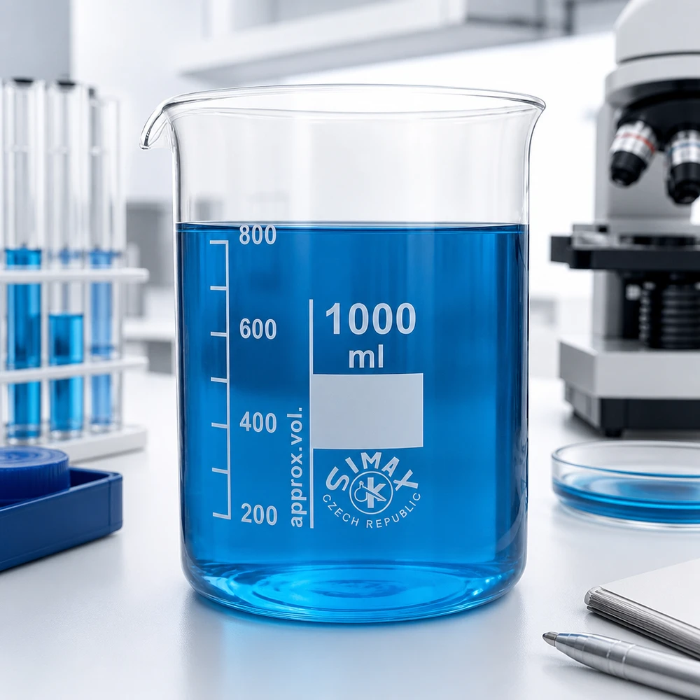 Bekerglas 1000 ml van hittebestendig borosilicaatglas (laag model) Laboratorium beker 1000ml borosilicaatglas in blauwe kleur voor chemische experimenten en analyses