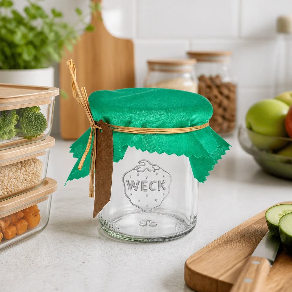 Stoffen lapje voor deksel groen 12cm hoekig Grünes Schmuckdeckchen 12cm eckig mit Gummiband auf Weckglas in moderner Küche - stilvolle Marmeladenabdeckung