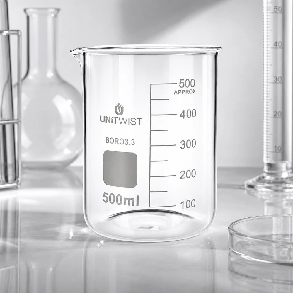Hittebestendige bekerglas 500 ml, lage vorm UNiTWIST met geëtste ml-schaalverdeling BORO3.3