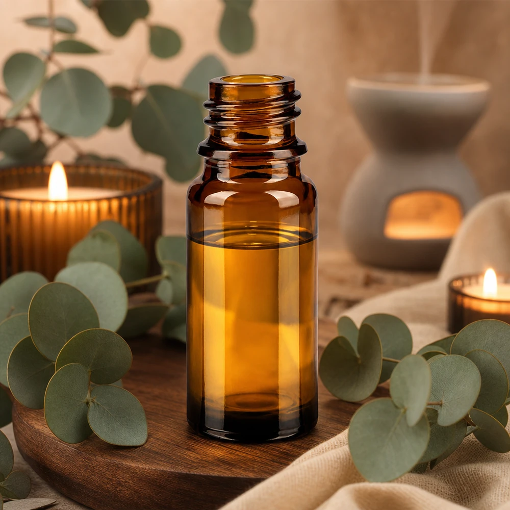 Bruine glazen fles 10ml 10ml bruine glazen fles ApoGlas voor aromatherapie met eucalyptus en kaarsen in een natuurlijke spa-sfeer