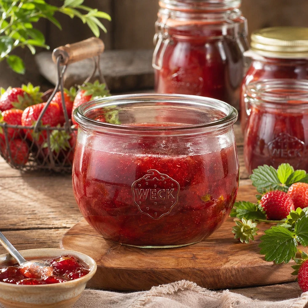WECK RR100 tulpvormige pot van 580 ml WECK RR100 Tulpenpot 580ml gevuld met aardbeienjam op een houten plank met verse aardbeien en inmaakpotten