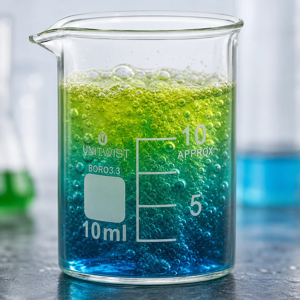 Beker 10ml borosilicaat, lage vorm UNiTWIST Doorzichtig laboratoriumglas van 10 ml met een lage vorm en een blauwgroene, schuimende inhoud in een laboratoriumomgeving