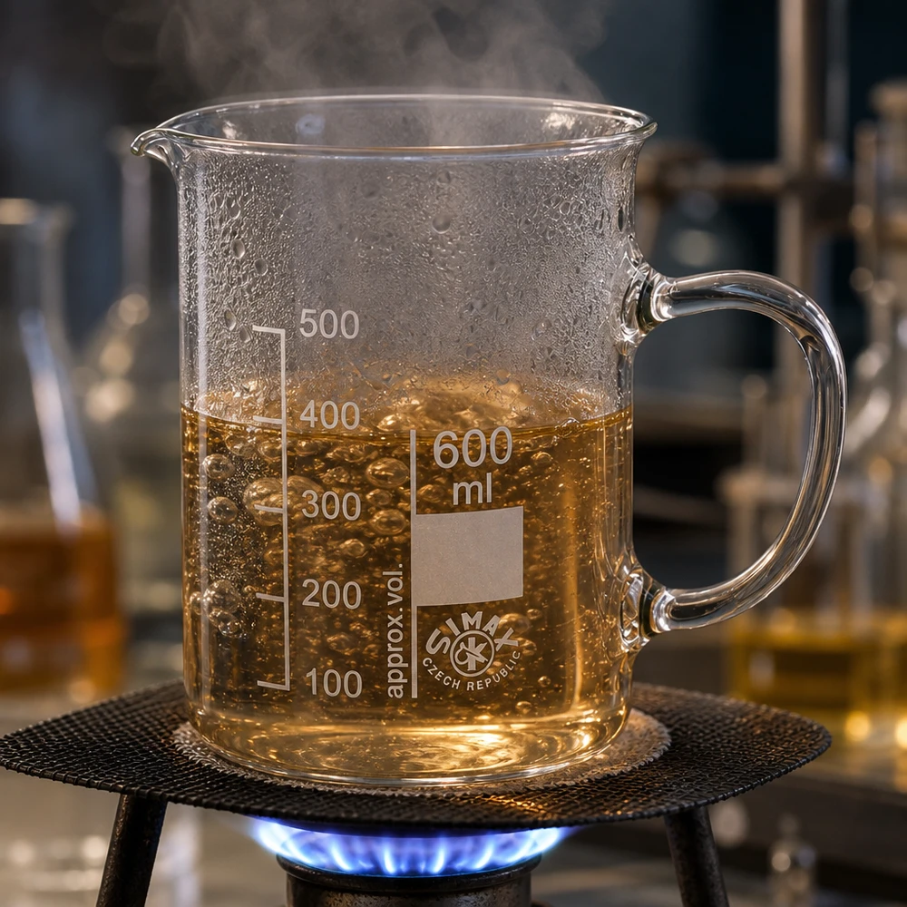 Bekerglas 600 ml van hittebestendig borosilicaatglas met handvat SIMAX-bekerglas van 600 ml met handvat uit Tsjechië op een bunsenbrander met een kokende oplossing