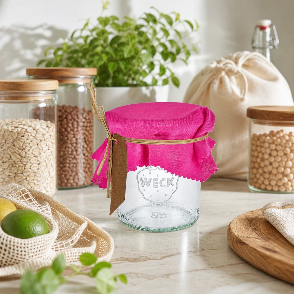 Roze stoffen doily 12cm vierkant op pot in duurzame zero waste keuken met voorraadpotten