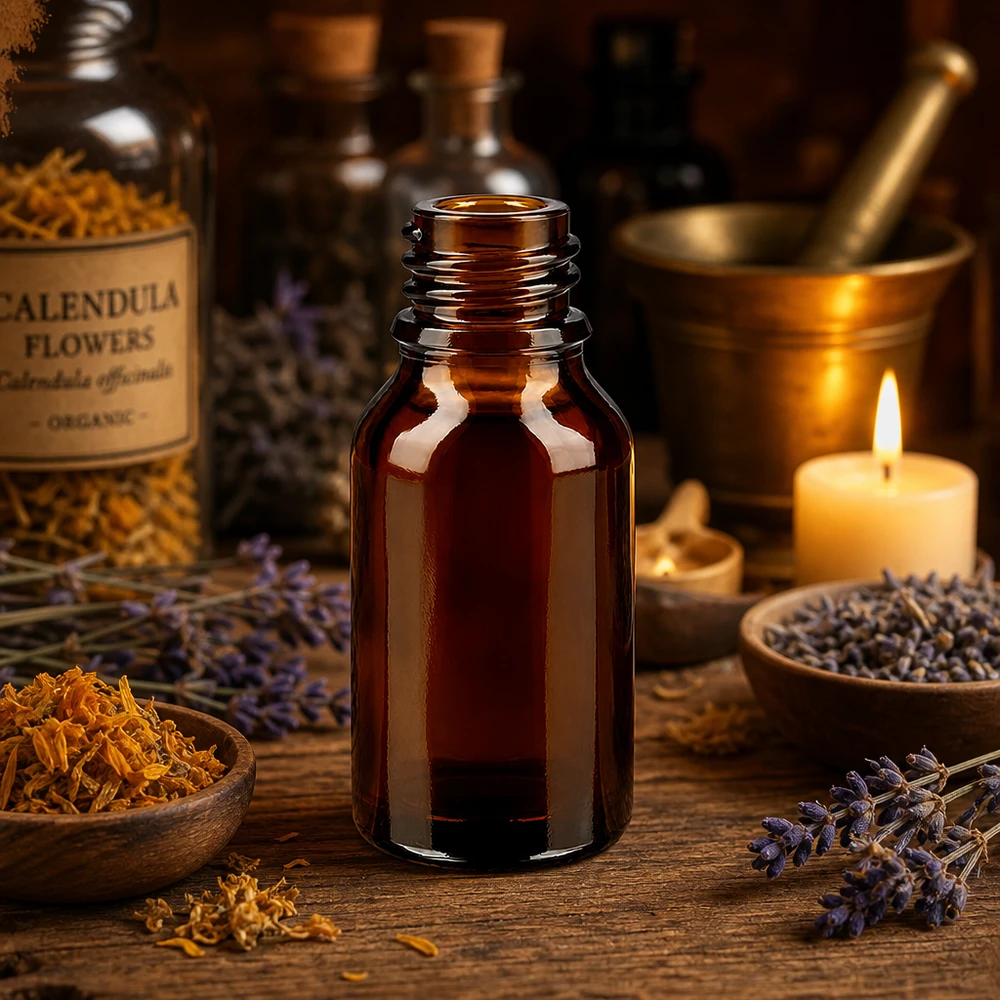 Bruine glazen fles 30ml 30ml bruine apothekersfles hoge vorm ApoGlas met calendula bloemen vijzel kaars aromatherapie opzet