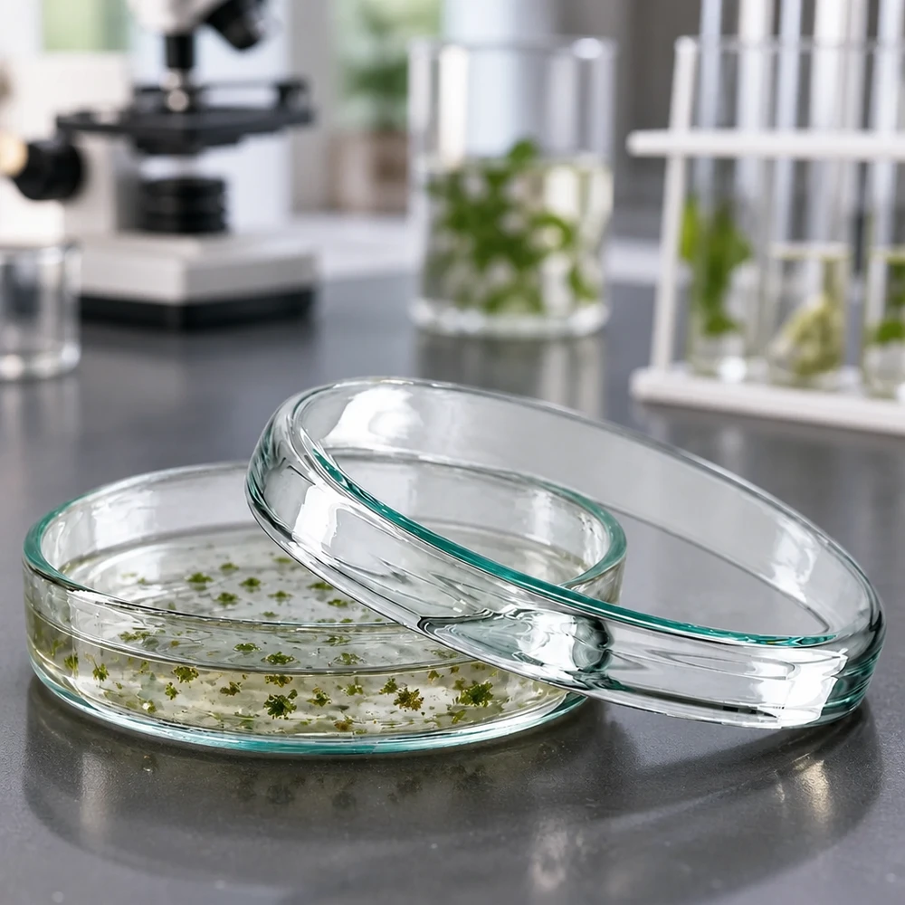 Petrischaal 70x15 mm van glas Glazen petrischaal van 70 x 15 mm met microscoop en reageerbuisjes in een wetenschappelijk laboratorium