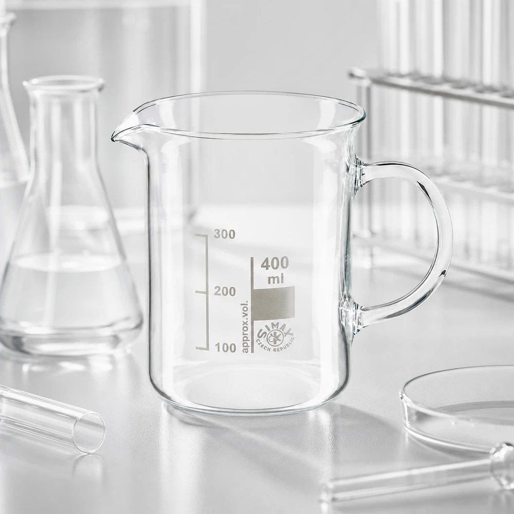 Bekerglas 400 ml van hittebestendig borosilicaatglas met handvat Doorzichtig maatglas van 400 ml met handvat, borosilicaatglas, Simalab, Tsjechië