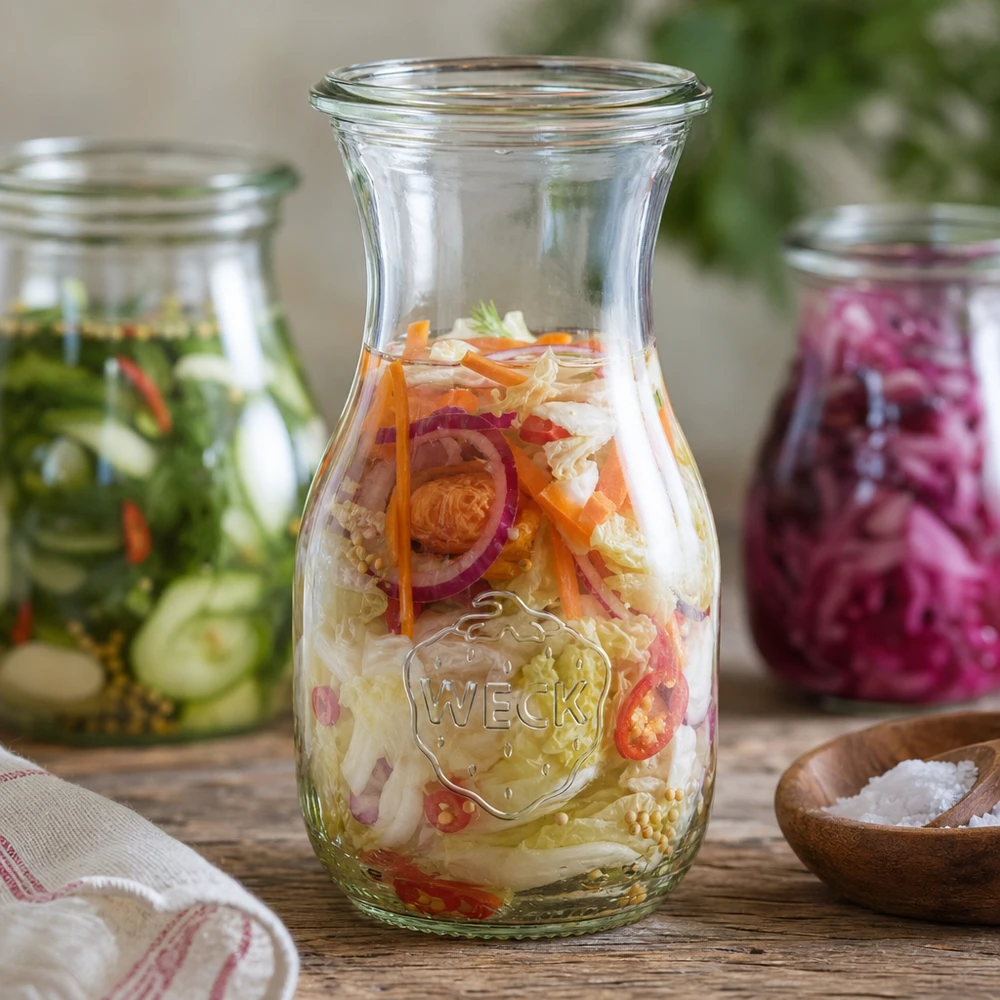 WECK RR60 sapfles van 290 ml WECK sapfles 290ml RR60 met gefermenteerde groenten en ingemaakte augurken voor gezond behoud