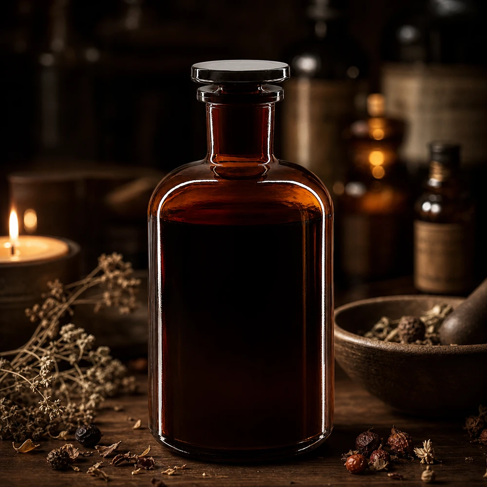 Apothekersfles 500 ml nauwe hals bruin glas incl. glazen stop Donkere voorraadfles 500 ml, ronde schouders, smalle hals, glazen stop voor etherische oliën en extracten