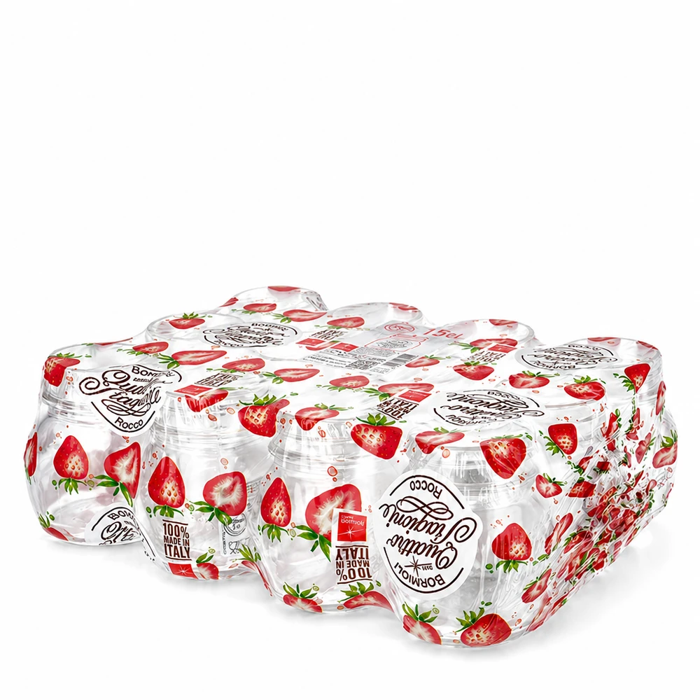 150ml huishoudglas "Quattro Stagioni" Set van 12 inmaakpotten Quattro Stagioni van 150 ml met aardbeiendessin en schroefdeksel om in te leggen