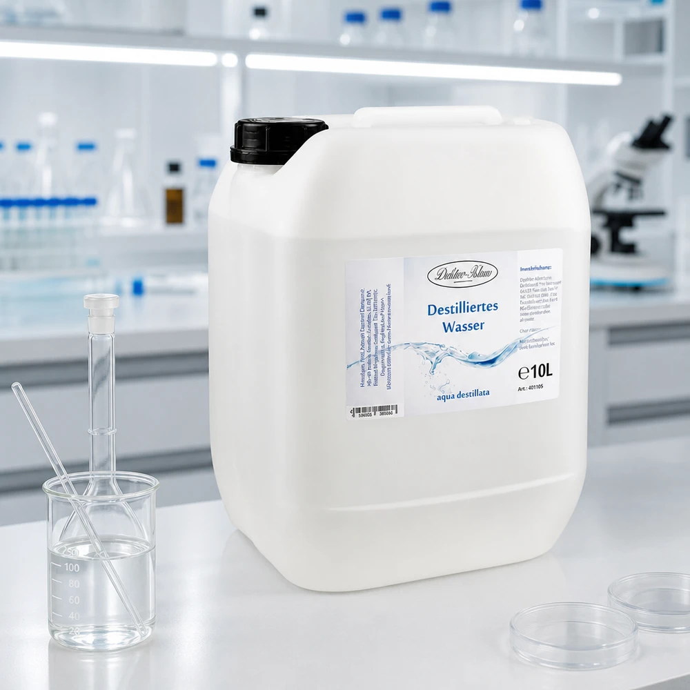 10 liter gedestilleerd water - Aqua dest in blanke premium jerrycan van Doktor Klaus Gedestilleerd water Doktor-Klaus 10L in hoogwaardige laboratoriumomgeving met glaswerk en microscoop
