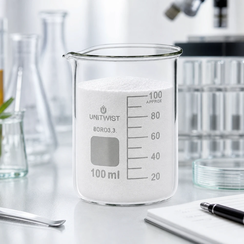 Laboratoriumfoto UNiTWIST bekerglas 100 ml borosilicaat, gevuld met witte vaste stof