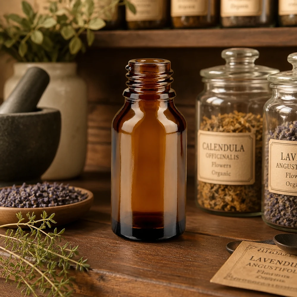 Bruine glazen fles 15ml 15ml bruin apothekersflesje ApoGlas in authentieke kruidenapotheek met calendula lavendel en geneeskrachtige plantenpotjes