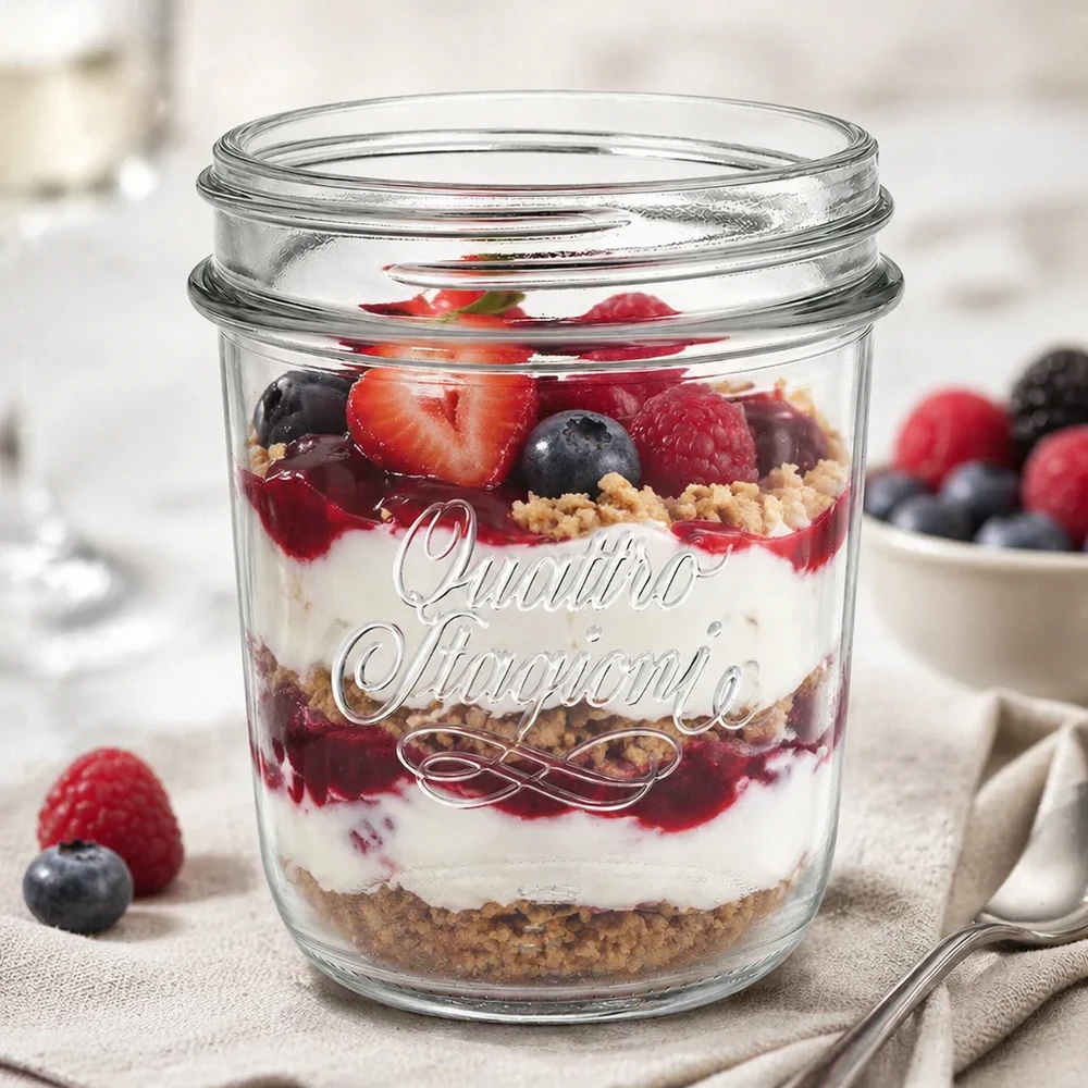 320ml "Quattro Stagioni" beker QS86mm Quattro Stagioni mason jar 320ml gevuld met bessenlaag dessert QS86mm schroefdop mason jar
