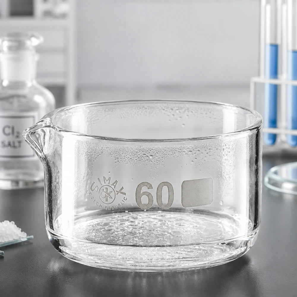 Laboratoriumschaal van borosilicaatglas, 60 ml, hittebestendig, chemicaliënbestendig, met uitgietmond, Simax-kristallisatieschaal