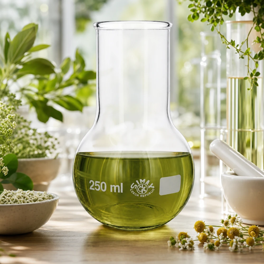 Platbodem kolf 250ml wijde hals borosilicaat met afgeronde rand Rondbodemkolf van 250 ml met wijde hals op werkvlak met mortier en verse medicinale planten