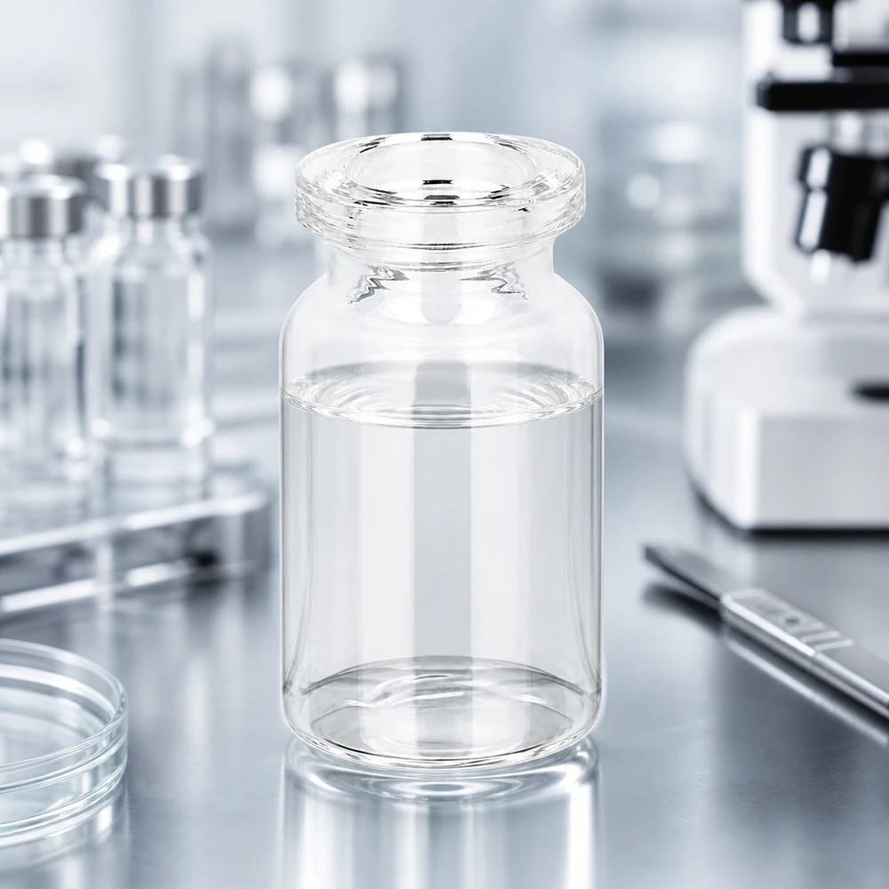 Injectiefles helder glas 5ml Hochwertige Klarglas Viale 5ml für Injektionslösungen vor medizinischem Laborhintergrund mit Mikroskop