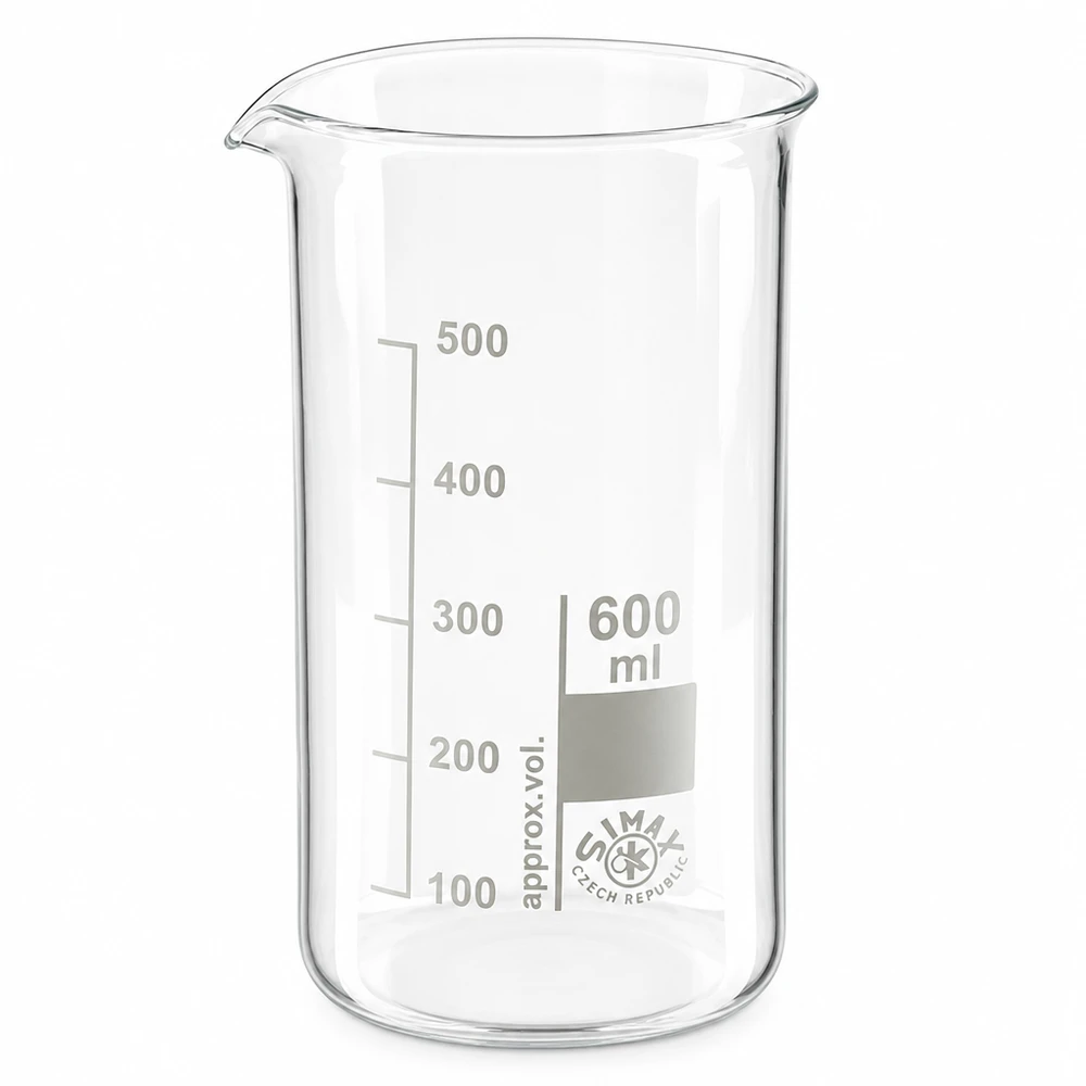 Bekerglas 600 ml van hittebestendig borosilicaatglas (hoog model) Hittebestendige maatbeker van 600 ml, hoge cilindrische vorm, borosilicaatglas met maatverdeling
