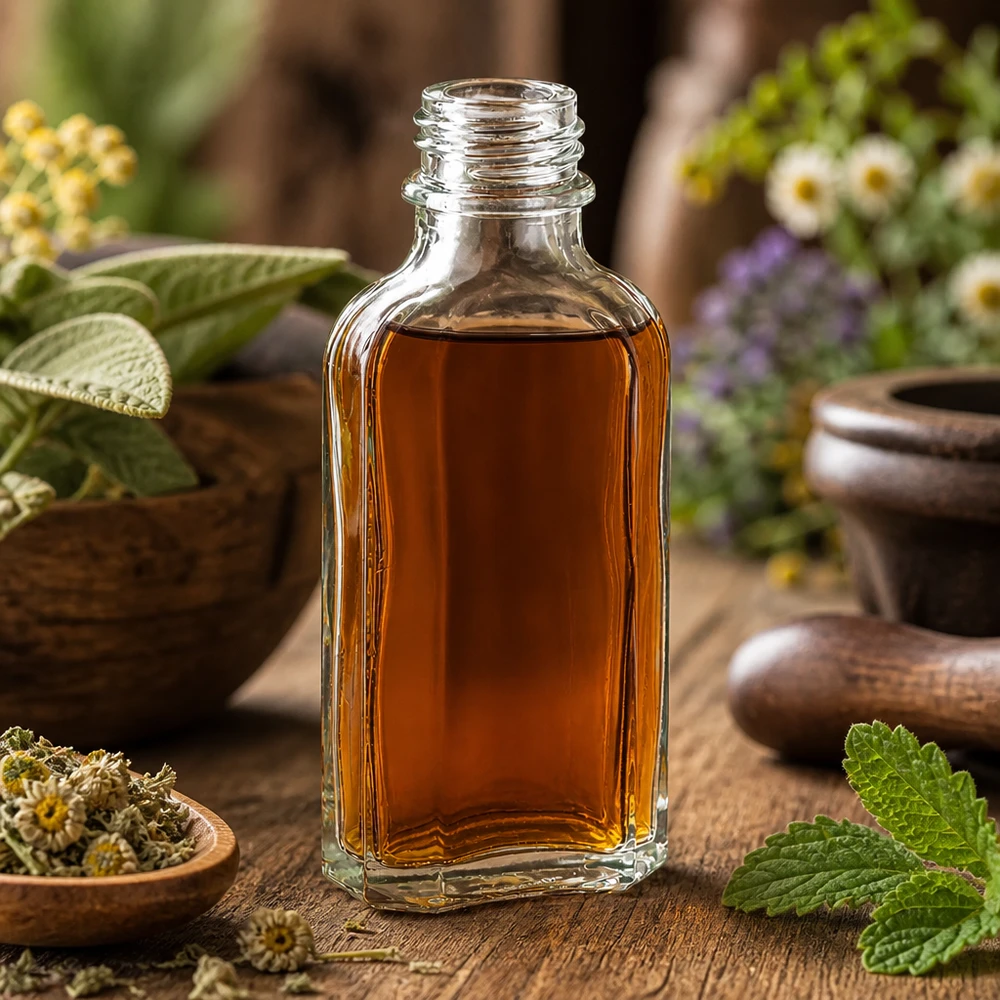 Rechthoekige fles van helder glas, 50 ml, DIN22, met amberkleurige plantaardige olie en een vijzel