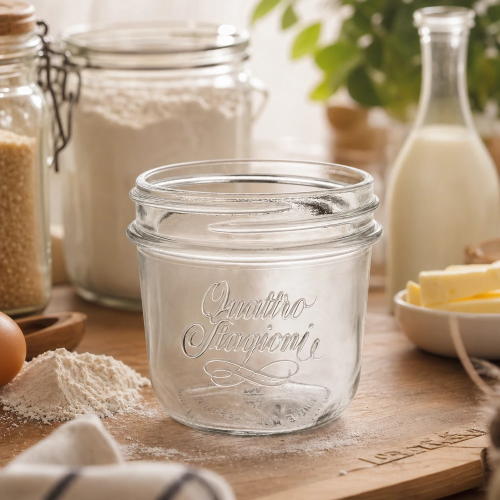 200 ml "Quattro Stagioni" juwelenglas 200ml Quattro Stagioni glazen pot op houten tafel met bakingrediënten bloem eieren en melkfles in keuken