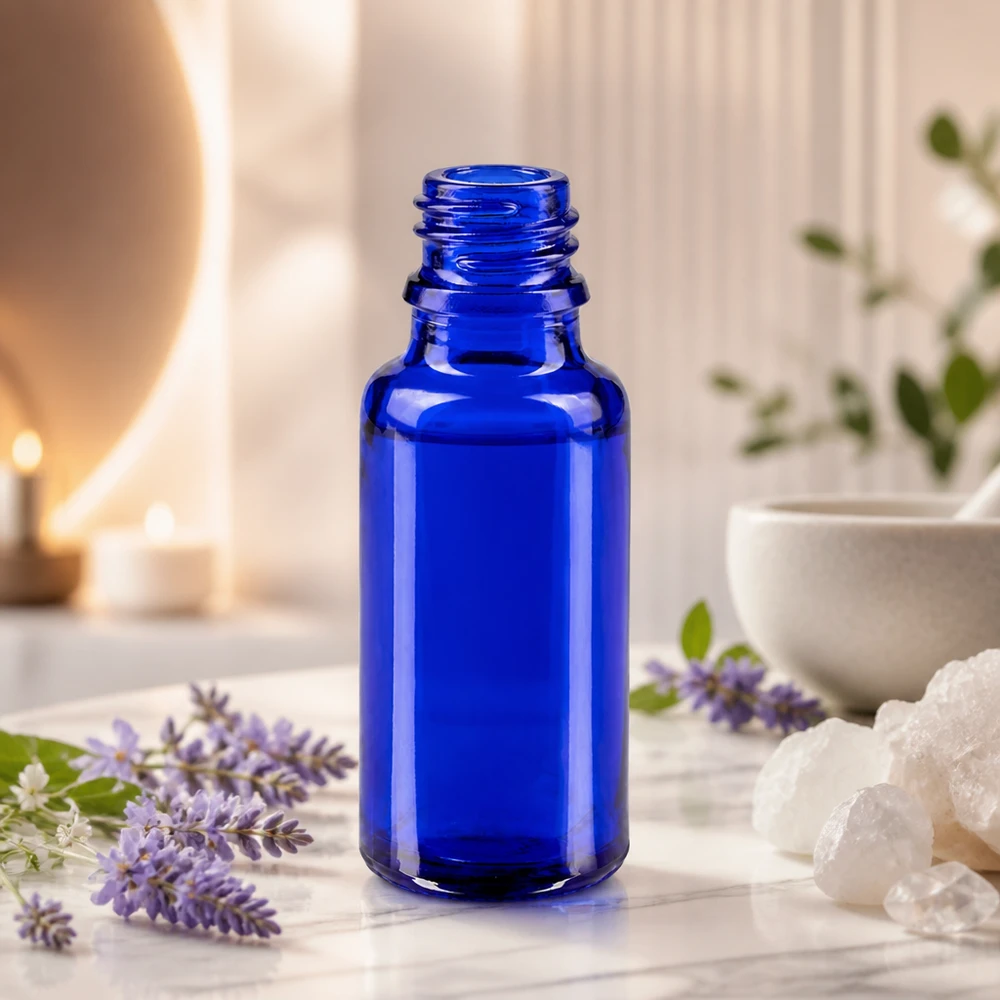 Blauwe glazen fles 20ml Slanke blauwe 20ml ApoGlas fles met klassiek design voor wellness- en spabehandelingen