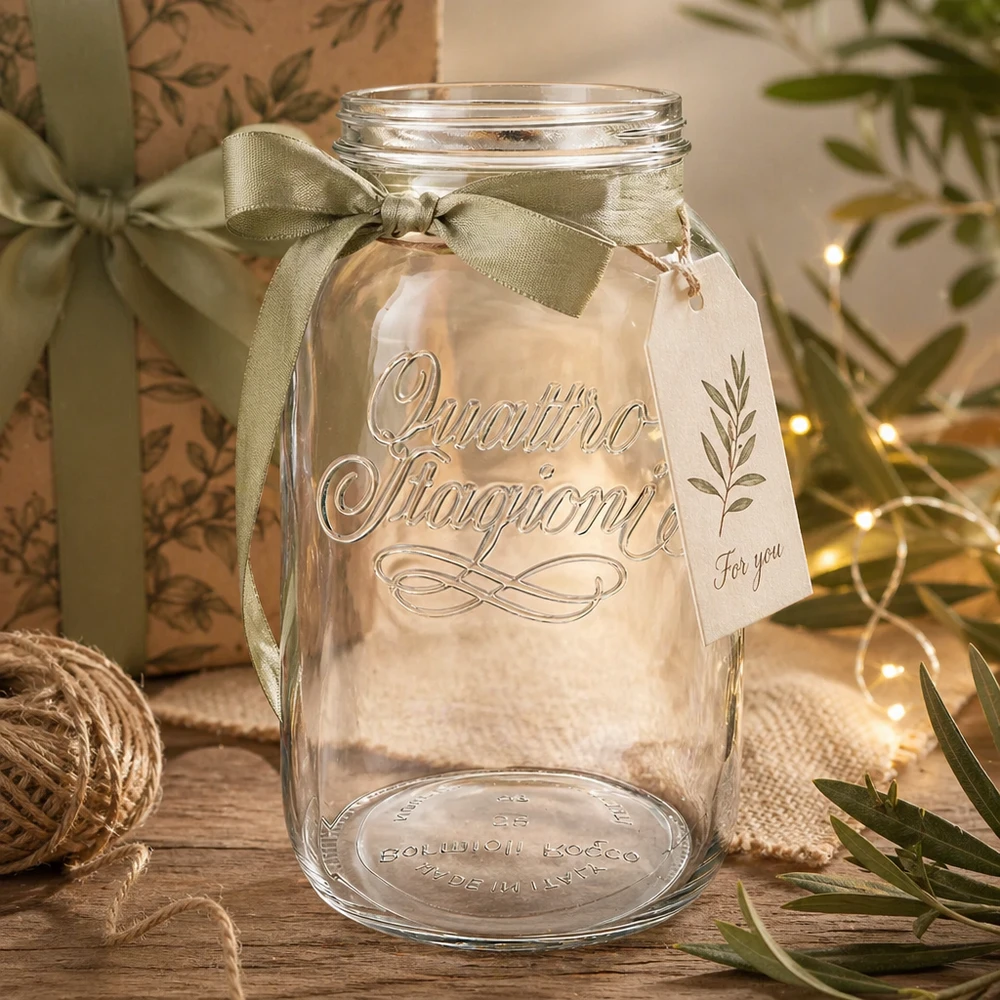3800ml huishoudglas "Quattro Stagioni" 3800ml Quattro Stagioni huishoudglas versierd met een groene strik en een cadeaulabel op een rustieke houten tafel