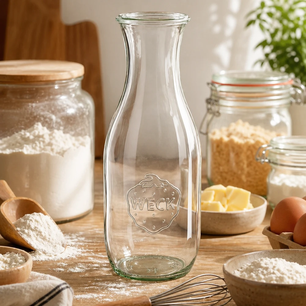 WECK RR60 sapfles van 1062 ml WECK sapfles 1062ml RR60 in bakkeuken met bloem eieren boter en bakingrediënten als veelzijdige keukencontainer