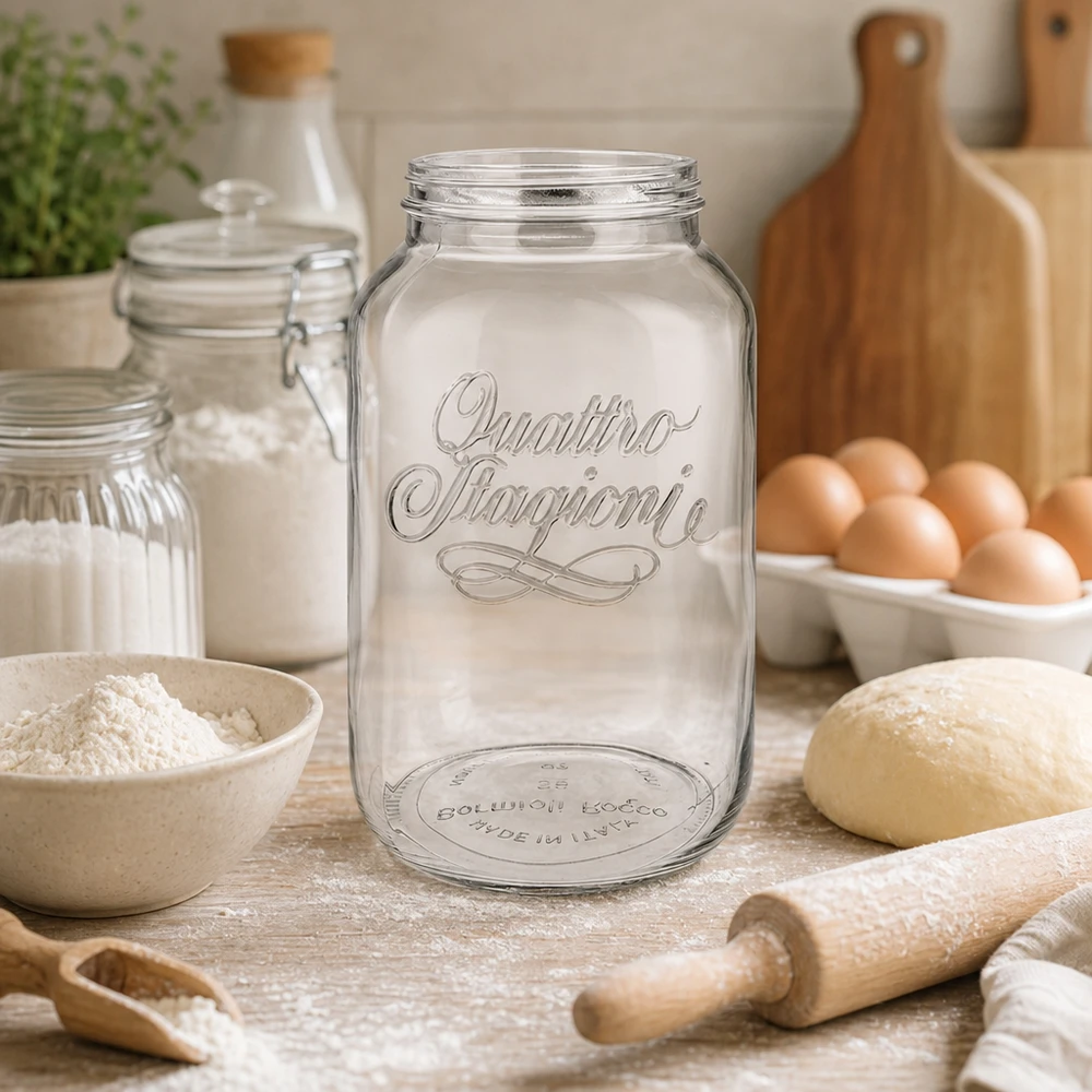 3800ml huishoudglas "Quattro Stagioni" 3800ml Quattro Stagioni Haushaltsglas in rustikaler Küche mit Backzutaten, perfekt für Vorratshaltung und Dekoration