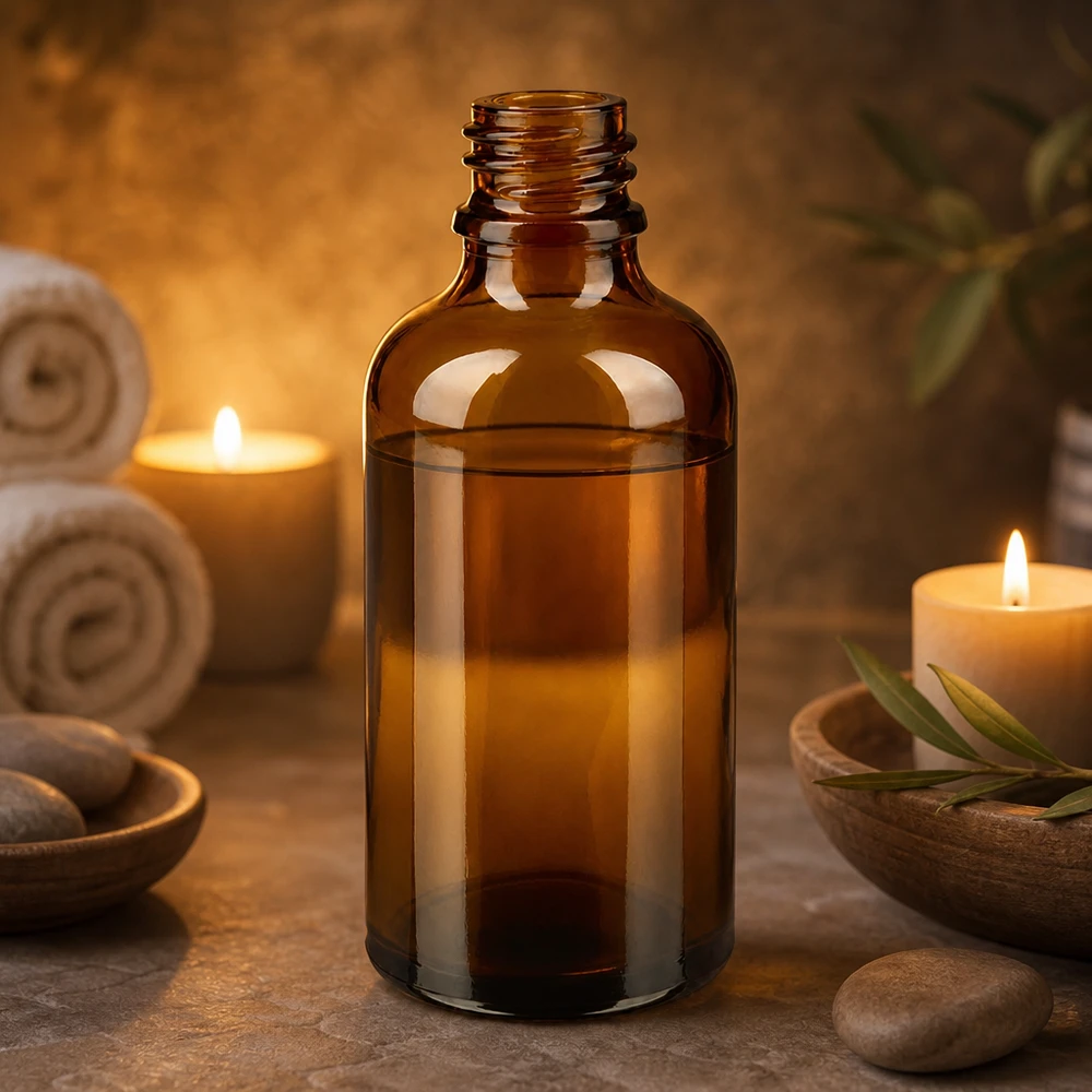 Bruine glazen fles 50ml 50ml bruin ApoGlas apothekersflesje met olie in warm kaarslicht Wellness-sfeer naast spastenen