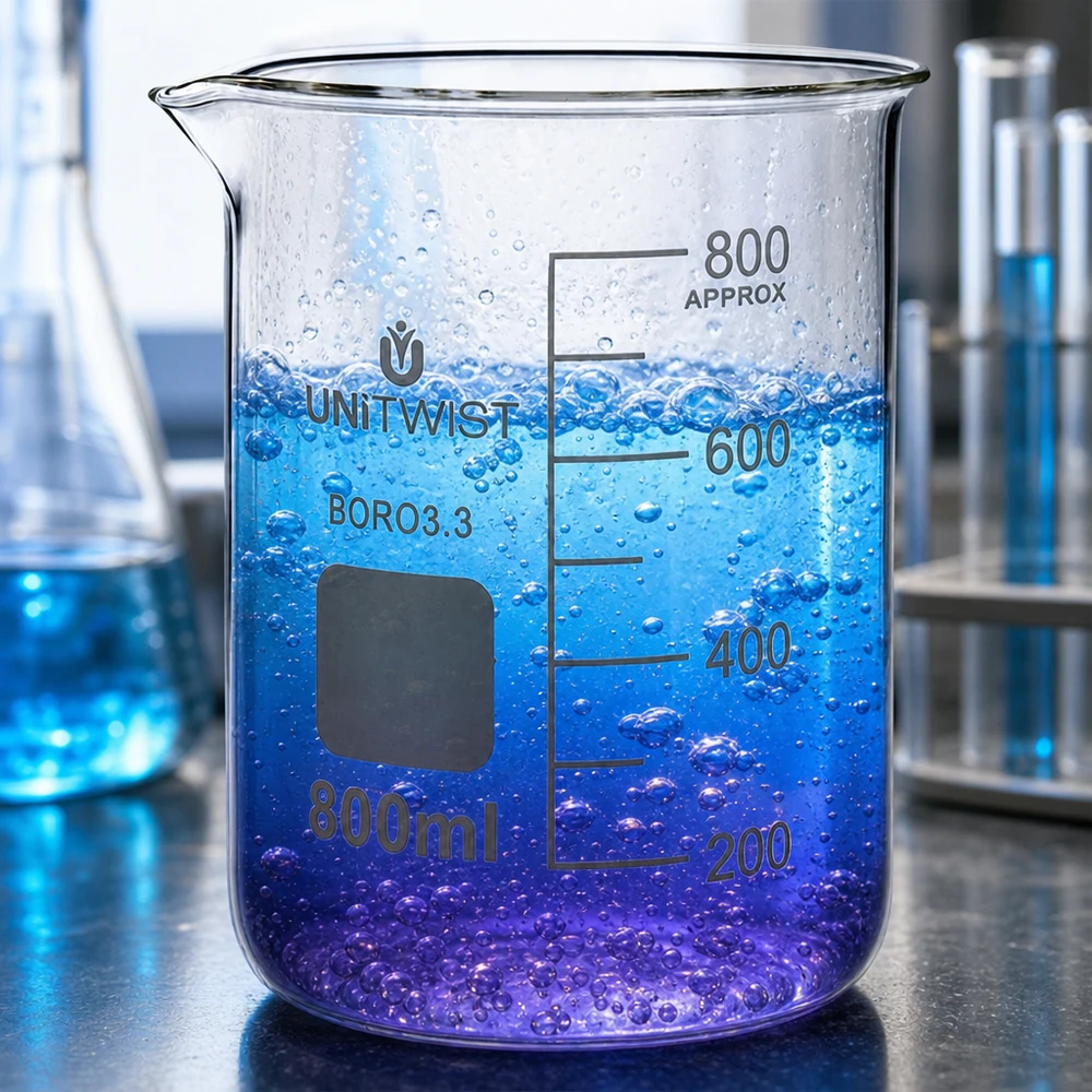 Chemisch bekerglas 800 ml, borosilicaat 3.3, lage vorm, met actieve kleurverandering in het laboratorium