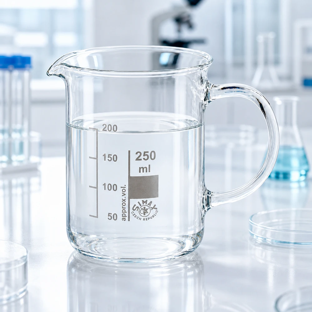 Bekerglas 250 ml van hittebestendig borosilicaatglas met handvat Doorzichtig bekerglas van 250 ml met handvat, schenktuit en volumemarkeringen van 50 tot 200 ml