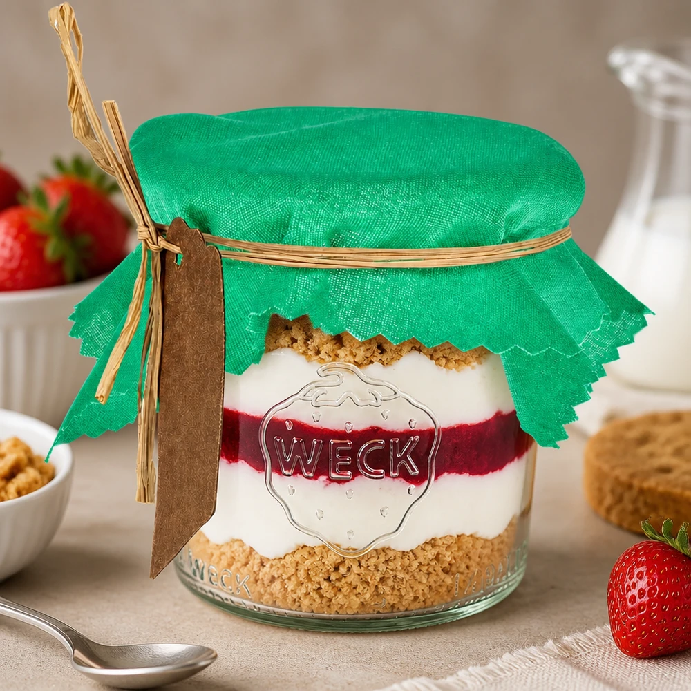 Groene stoffen doily 12cm vierkant op dessertglas met gelaagd dessert en verse aardbeien als tafeldecoratie