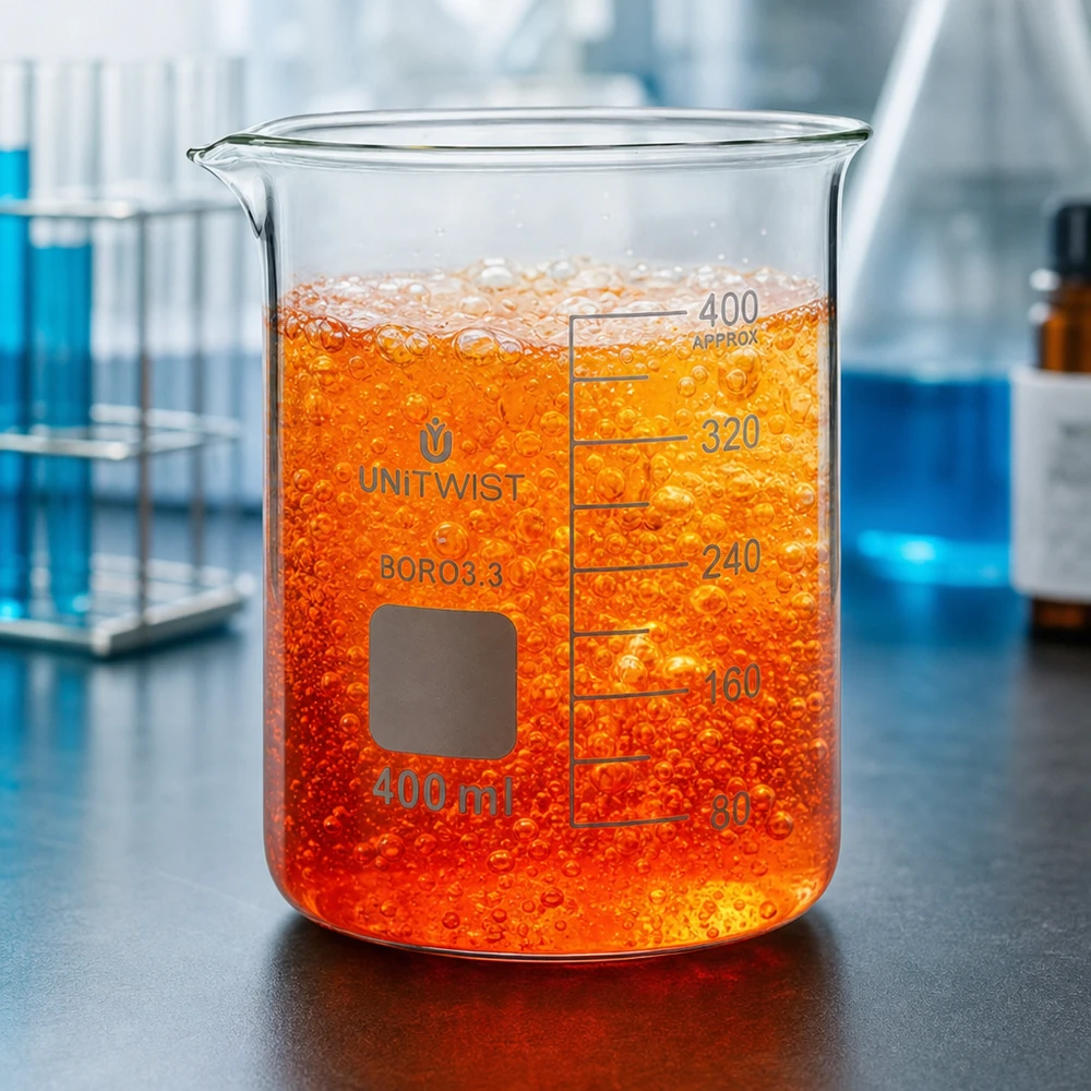 UNiTWIST laag glasbeker 400 ml, borosilicaatglas, met maatverdeling en schenktuit