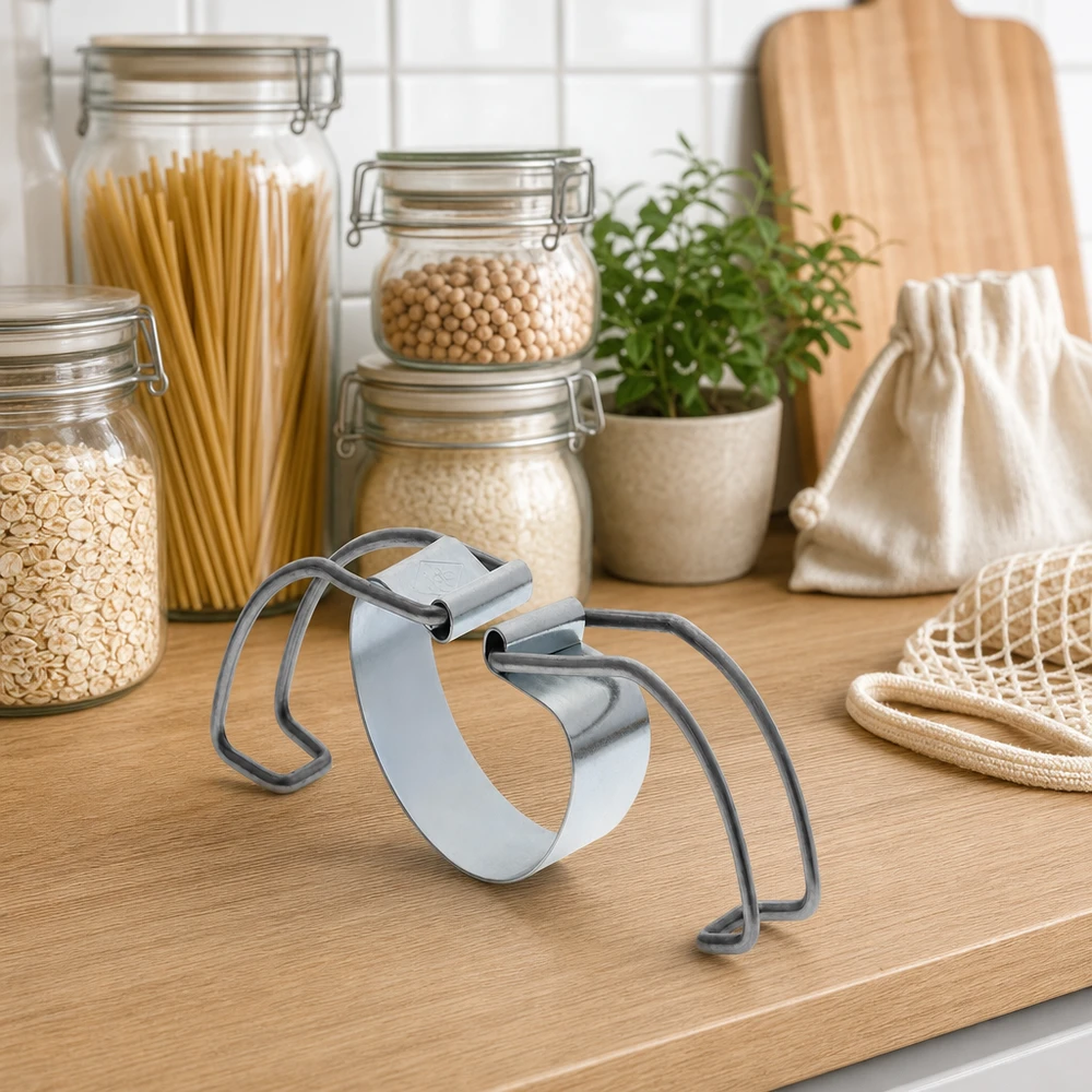 RR100 inmaakrek tussen duurzame voorraadpotten met pasta en peulvruchten in een zero-waste keuken