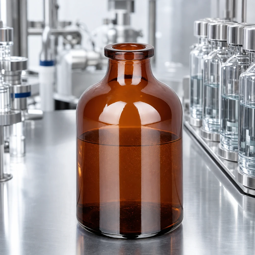 Injectiefles bruin glas 50ml Injektionsflasche Braunglas 50ml mit bernsteinfarbenem Glaskörper in pharmazeutischer Produktionsumgebung
