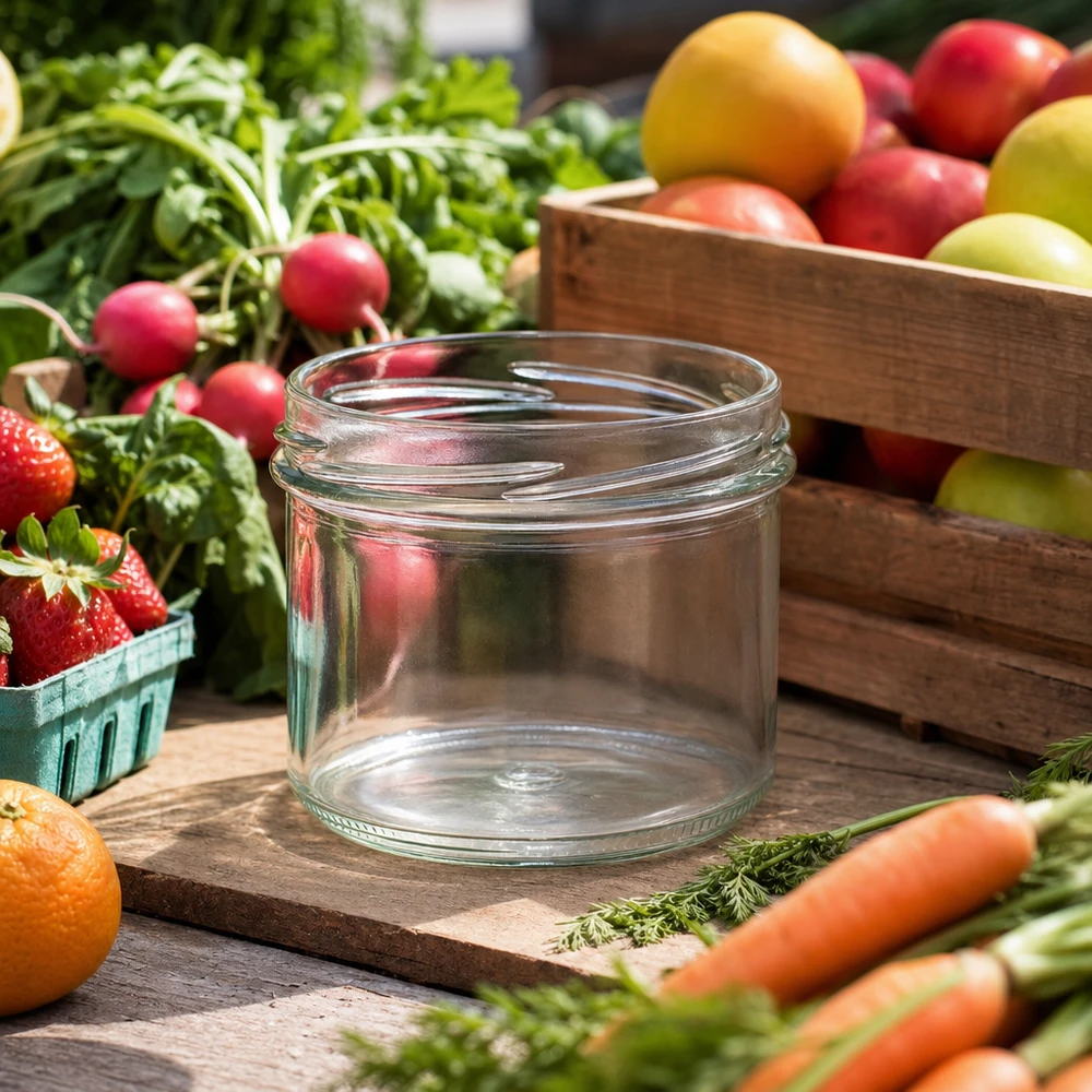 UNiTWIST Sturz225 - bekers inhoud 225ml TO82 UNiTWIST Sturz225 bekers 225ml TO82 leeg op houten tafel met vers fruit en groenten voor conserveren en inblikken