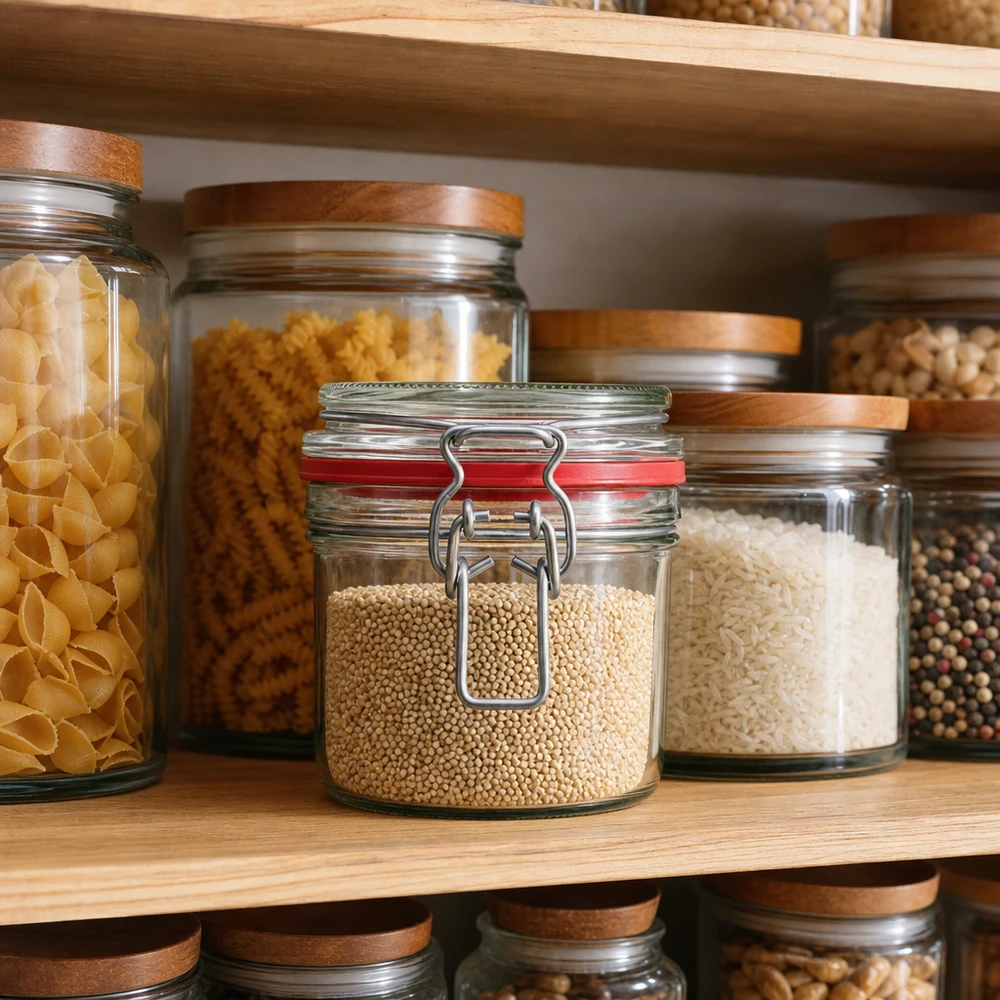 255 ml voorraadpot type G met beugelsluiting UN.. Vorratsgläser 255ml in organisierter Küchenpantry mit Nudeln, Reis und Gewürzen - praktische Küchenorganisation