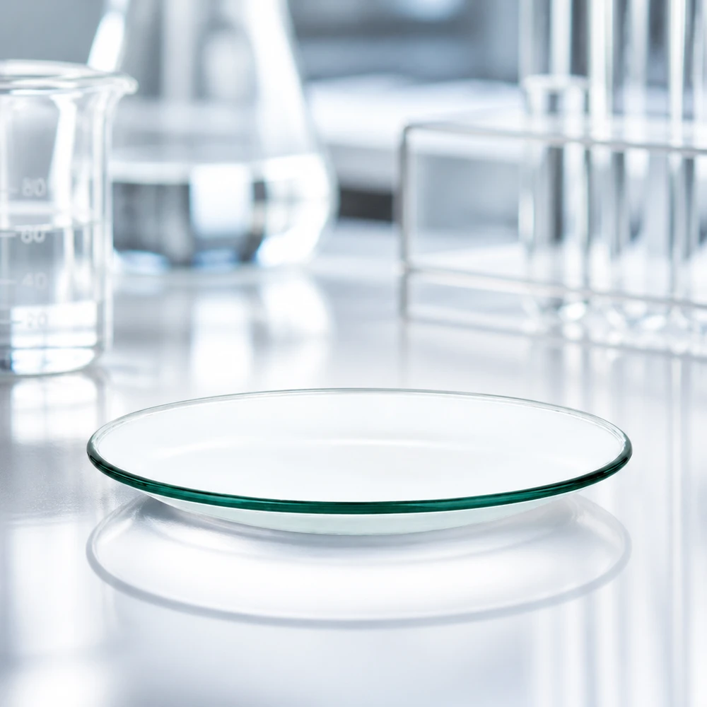 Horlogeglazen 70 mm - borosilicaatglas 3.3 - versmolten rand Glimmende horlogeglazen schaal 70 mm met reflecterend oppervlak in een steriele laboratoriumomgeving