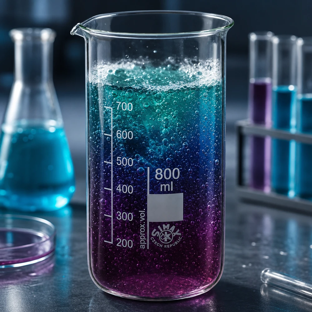 Bekerglas 800 ml van hittebestendig borosilicaatglas (hoog model) SIMAX laboratoriumglas 800 ml, hoog model met bruisende vloeistof en een kleurverloop van paars naar turkoois
