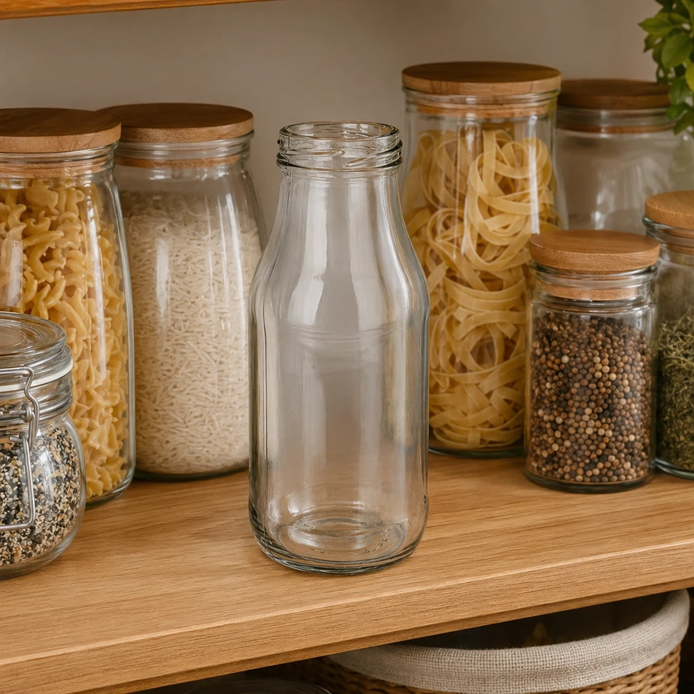 UNiTWIST Fles263 Glazen fles 263ml TO43 leeg transparant op houten plank naast voorraadpotten met pasta en kruiden
