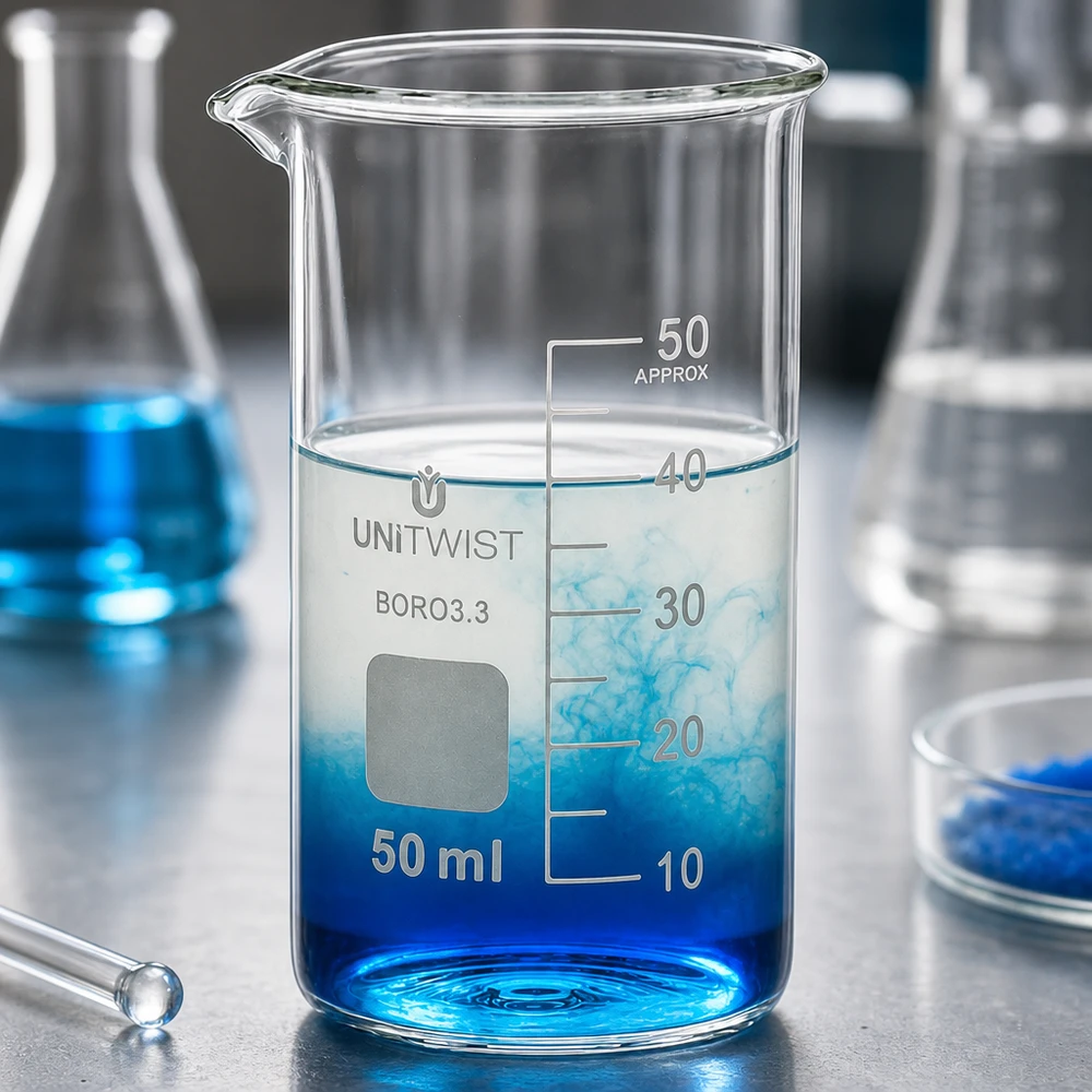 Beker 50ml borosilicaat, hoge vorm UNITWIST Laboratoriumglas: hoge bekerglas van 50 ml van UNITWIST voor chemische experimenten en analyses