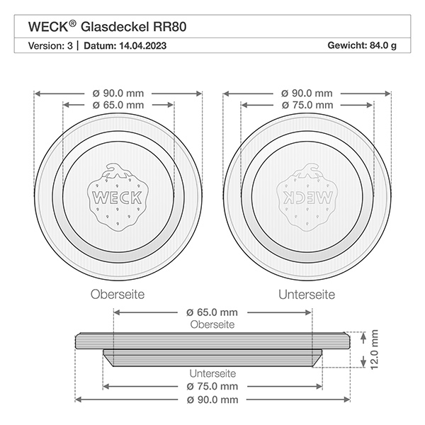 WECK glazen deksel RR80 technische tekening met afmetingen Diameter 90mm 75mm 65mm Hoogte 12mm Gewicht 84g