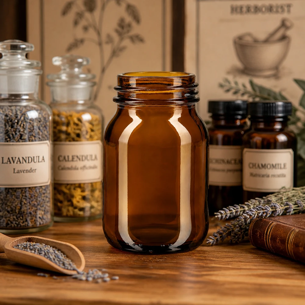 75ml amberkleurig glazen flesje met wijde hals en DIN 40 afwerking Lege 75 ml fles met brede hals in amberkleurig glas met praktische DIN 40-schroefdraadopening