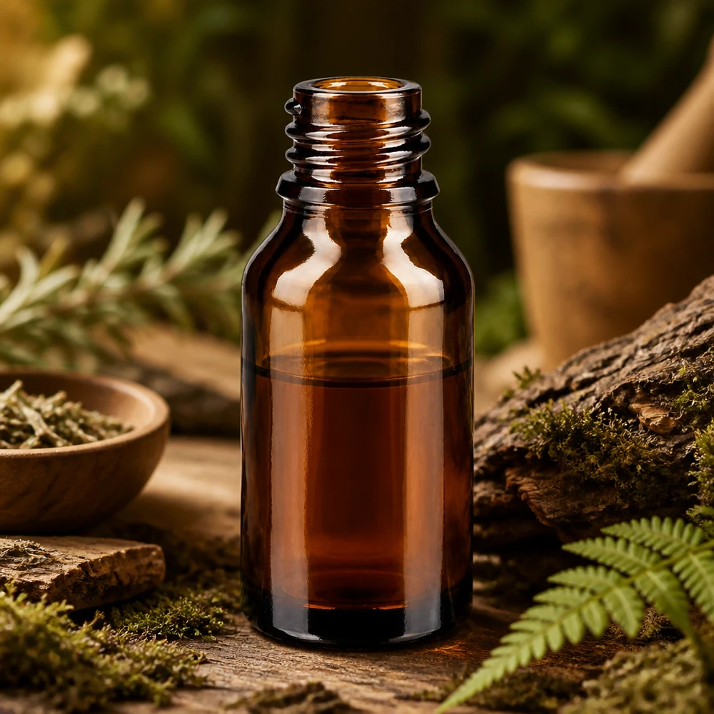 Bruine glazen fles 15ml 15ml bruine glazen fles ApoGlas in natuurlijk bosdecor met mosvaren en rustiek hout voor natuurgeneeskunde