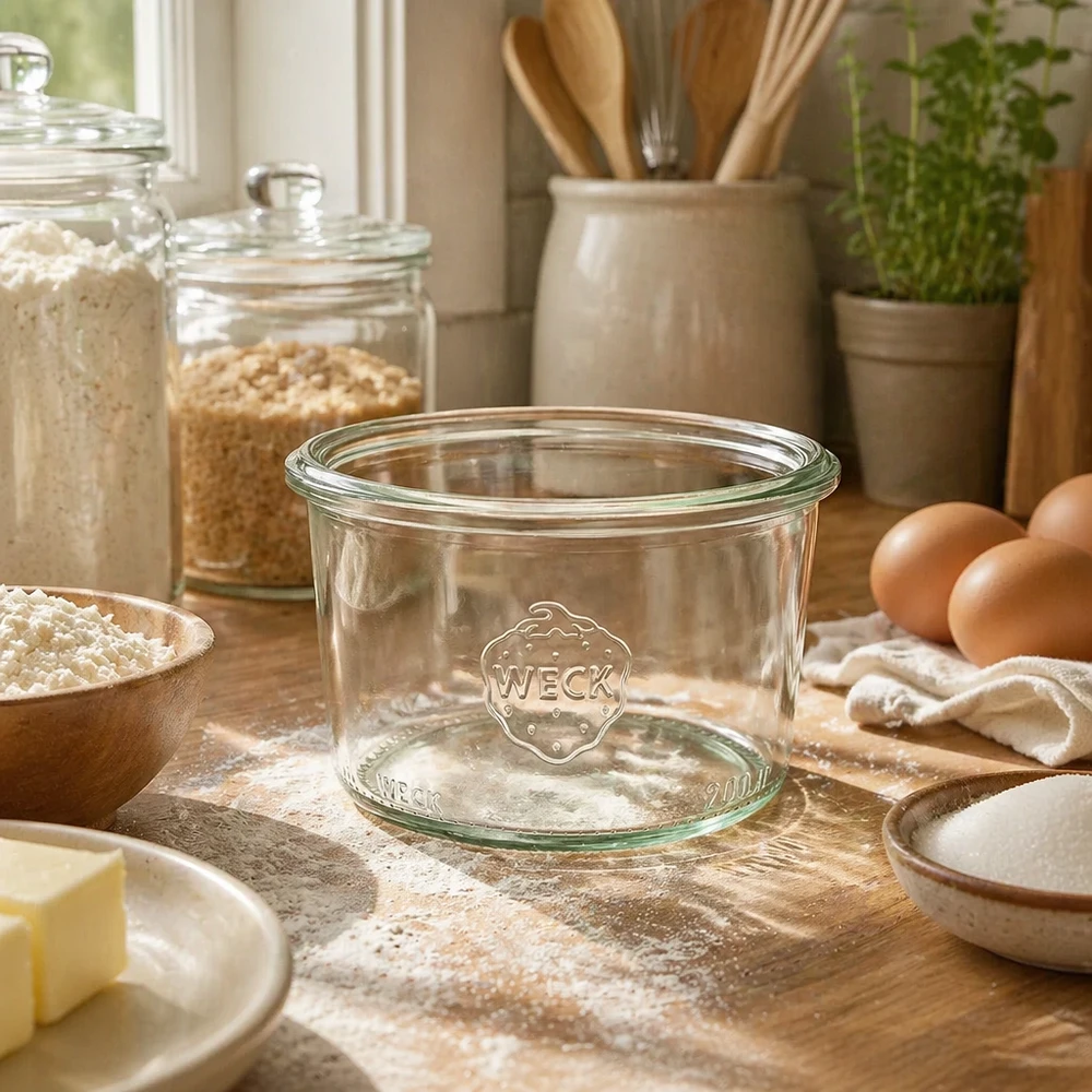 WECK RR80-pot van 200 ml WECK 200ml RR80 glazen bekers in een rustieke keuken met bakingrediënten en keukengerei
